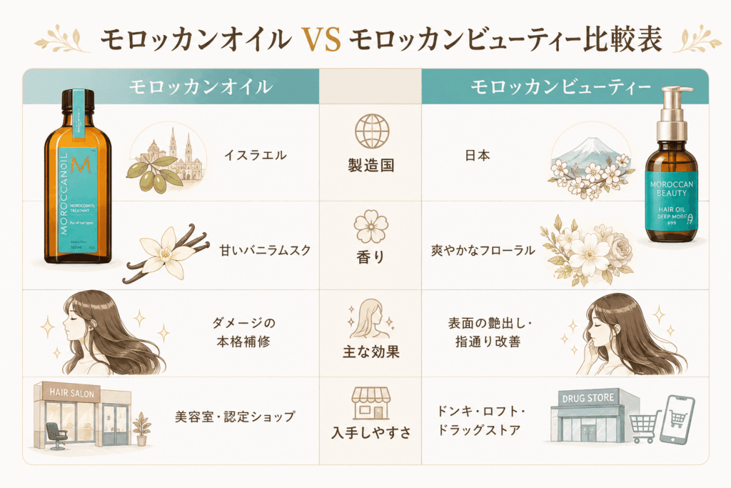 モロッカンビューティーとモロッカンオイルの違い比較表