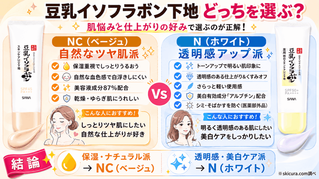 豆乳イソフラボン下地はどっちがいいか結論！スキンケアUVベースNCと薬用純白Nをの違いを比較