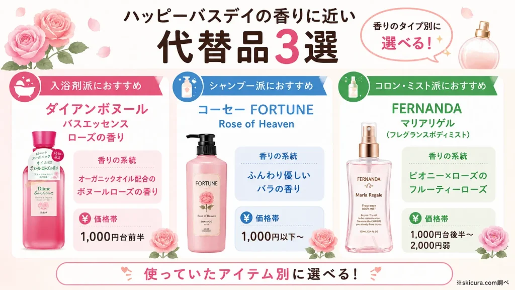 ハッピーバスデイに似た香りの代替品・後継おすすめ3選